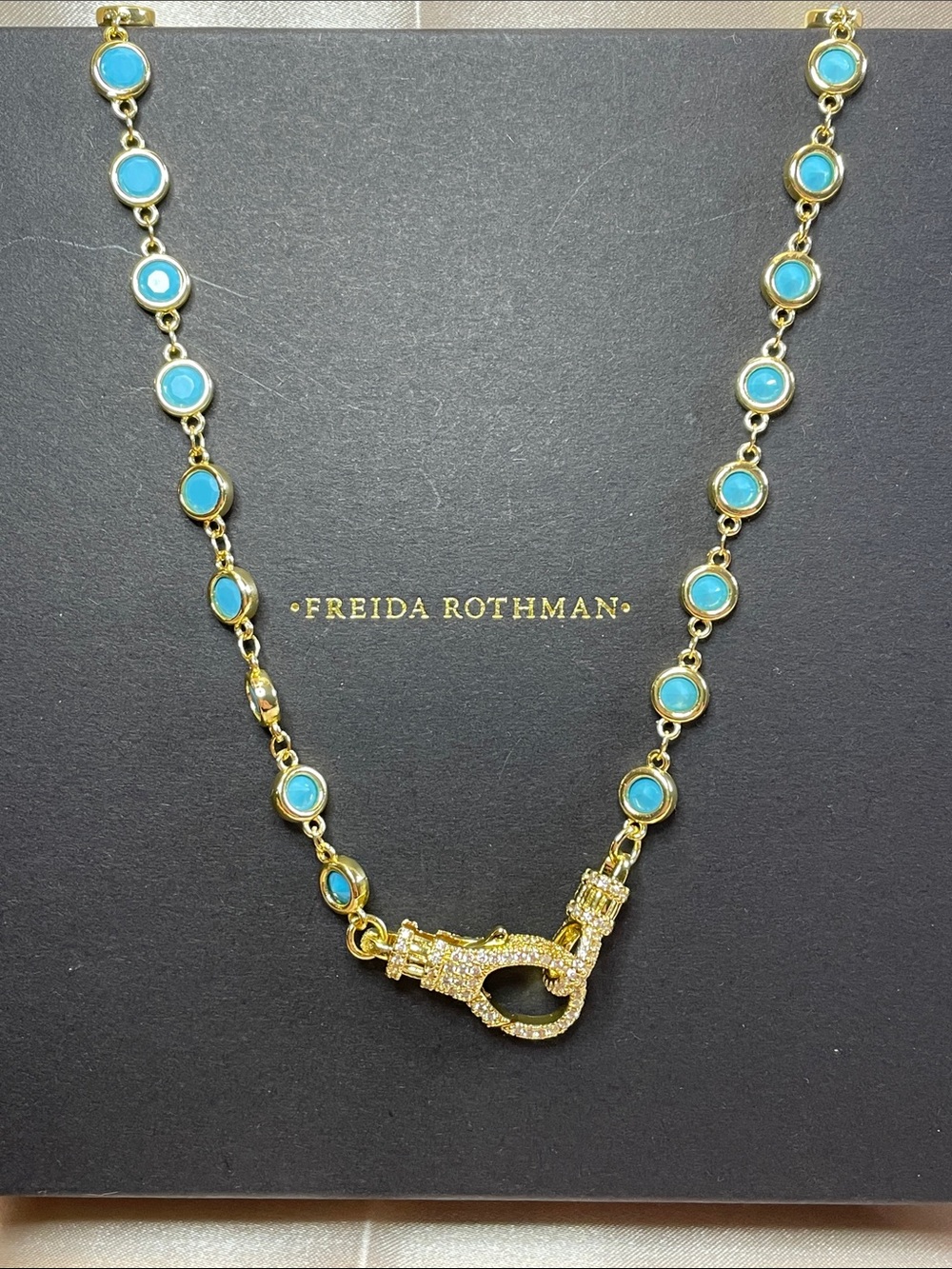Freida Rothman Turquoise Bezel Pave Clasp Necklace NWT $169 MSRP